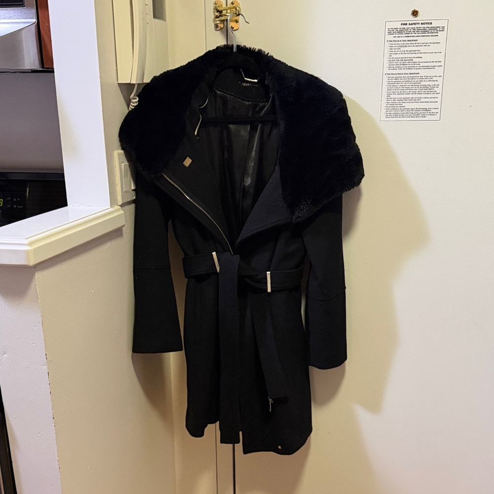 Calvin Klein Black Faux Fur Collar Belted Trench Coat